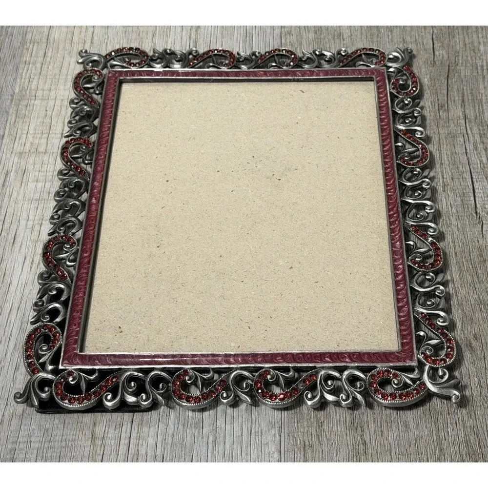 Vtg. Gothic Romantic Victorian Silver Filagree Frame With Red Rhinestone Border